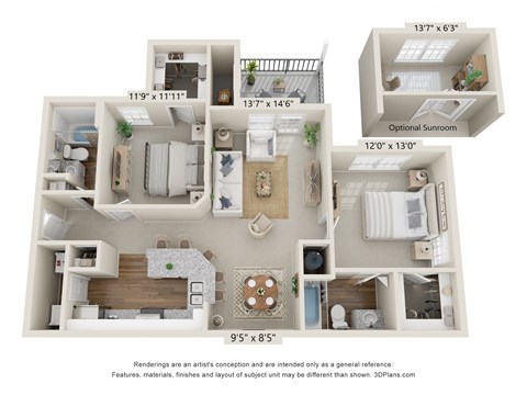 A 3D floor plan of a small apartment with a kitchen, living room, and bedroom.